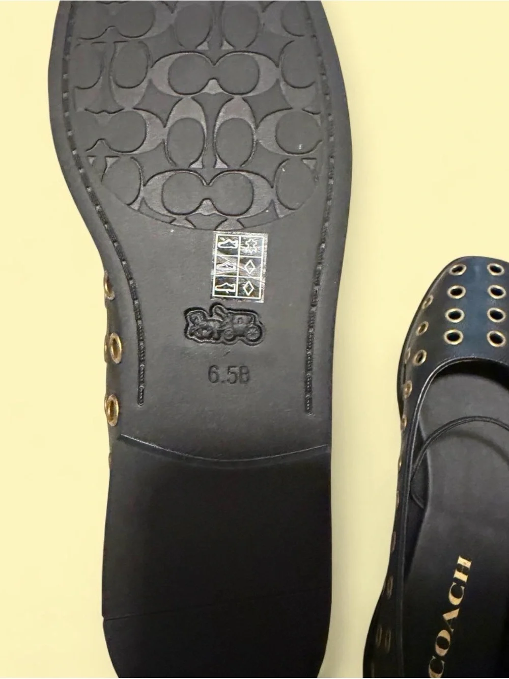 Coach Black Leather Ballet Flats with Gold Eyelets